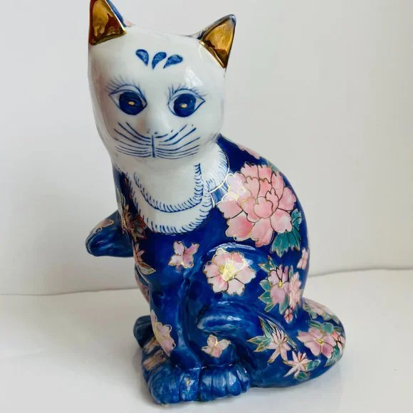 Vintage Hand Painted Porcelain Decorative Blue Sitting Cat Figurine 8” - Picture 4 of 12